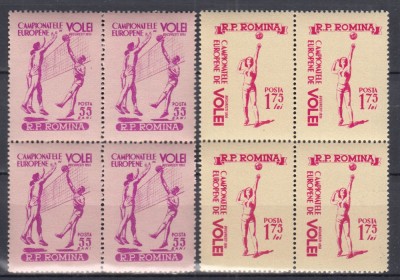 ROMANIA 1955 LP 387 CAMPIONATELE EUROPENE DE VOLEI SERIA IN BLOCURI DE 4 TIMBRE MNH foto