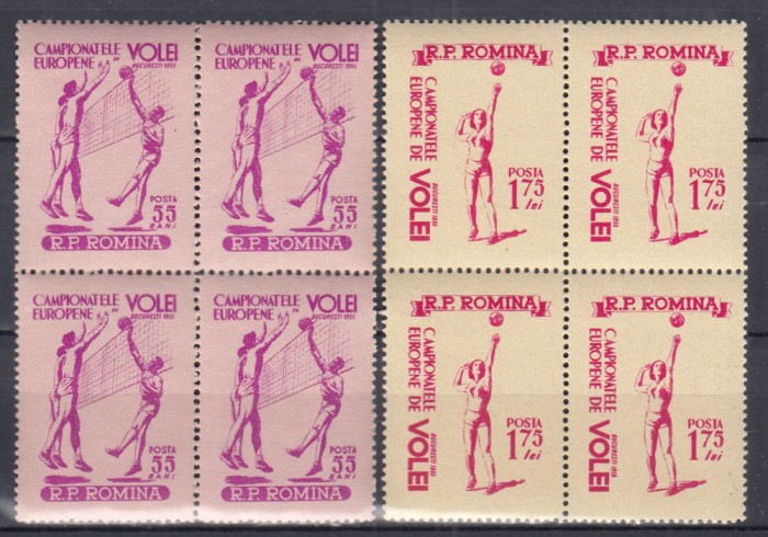 ROMANIA 1955 LP 387 CAMPIONATELE EUROPENE DE VOLEI SERIA IN BLOCURI DE 4 TIMBRE MNH