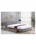 Pat matrimonial, HM Merida, cu sertar, cadru din lemn, somiera inclusa, stofa, 160x200, gri