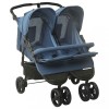 Cărucior Dublu Gemeni vidaXL Bleumarin, Cadru Oțel Robust, Spatar Reglabil, Pliabil, Copii 0-15kg, Baldachin Protectie Solară