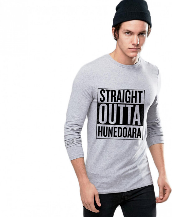 Bluza barbati gri cu text negru - Straight Outta Hunedoara - S