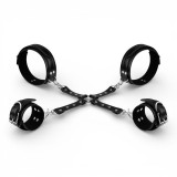 Set pentru jocuri erotice BEDROOM FANTASIES Cuffs &amp; Hogtie Set, curea BDSM cu ham și cătușe, culoare negru