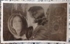 Domnisoara privindu-se in oglinda// foto tip CP, perioada interbelica, Romania 1900 - 1950, Portrete