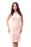 Rochie Office Midi Roz Pal, Maneci Scurte, Decolteu V, Croi Cambrat. Bumbac, Poliester, Lycra. Fabricat in Turcia