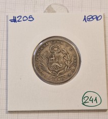 241, Peru, 1/5 Sol 1890, KM#205, Argint, buna