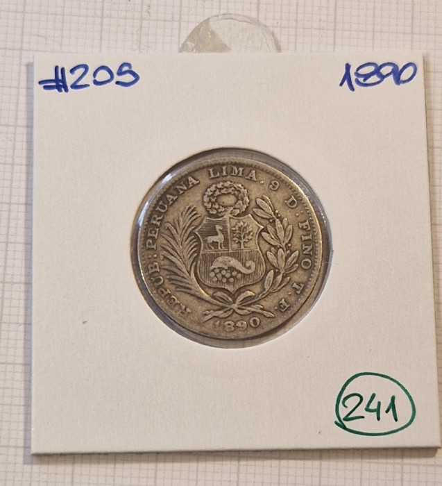 241, Peru, 1/5 Sol 1890, KM#205, Argint, buna