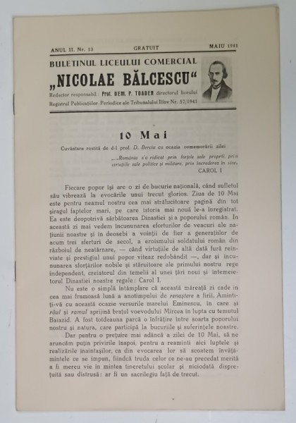 BULETINUL LICEULUI COMERCIAL &#039; NICOLAE BALCESCU &#039; , BUCURESTI , NR.13 , 1941