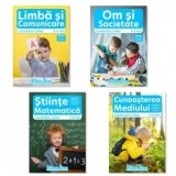 Set patru carti, A4, grupa mare 5-6 ani: 1. Domeniul Om si Societate; Domeniul Stiinte, Cunoasterea mediului; 2. Domeniul Stiinte, Matematica; Domeniu