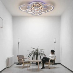 Lustra LED cu telecomanda si cristal LIA RGB 182W, 8 Cercuri, lumina Rece/Calda/Neutra, Dimabila, Alb Crom Lucios ModernLight Concept