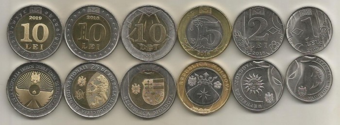 MOLDOVA LOT / SET ( 6 buc ) 1 + 2 + 5 + 2 X 10 LEI 2018 + 10 LEI 2019 - UNC