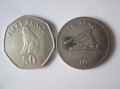 Gibraltar lot 2 monede:50 Pence 2014+10 Pence 2005