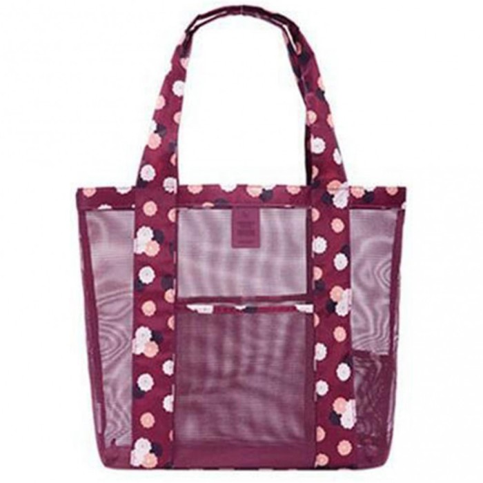 Geanta de plaja, flippy, din plasa transparenta, imprimeu floral, 43 x 10 x 33 cm, model pentru umar, lungime inferioara 33 cm, burgundy