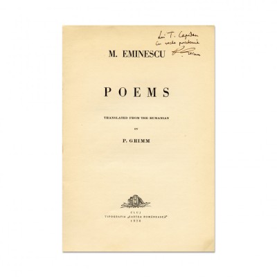 M. Eminescu, Poems, traducere de P. Grimm, cu dedicația olografă a traducătorului foto