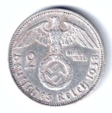 GERMANIA 2 REICHS MARK 1938 A HINDEMBURG ARGINT XF+, Europa