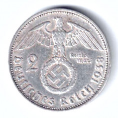 GERMANIA 2 REICHS MARK 1938 A HINDEMBURG ARGINT XF+