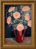 Tablou vechi Vaza cu garoafe, ulei pe placaj gros 26x36 cm