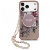 Husa MagSafe pentru Apple iPhone 17 Pro Max, Guess, IML Flowers with Pearl Strap, Roz