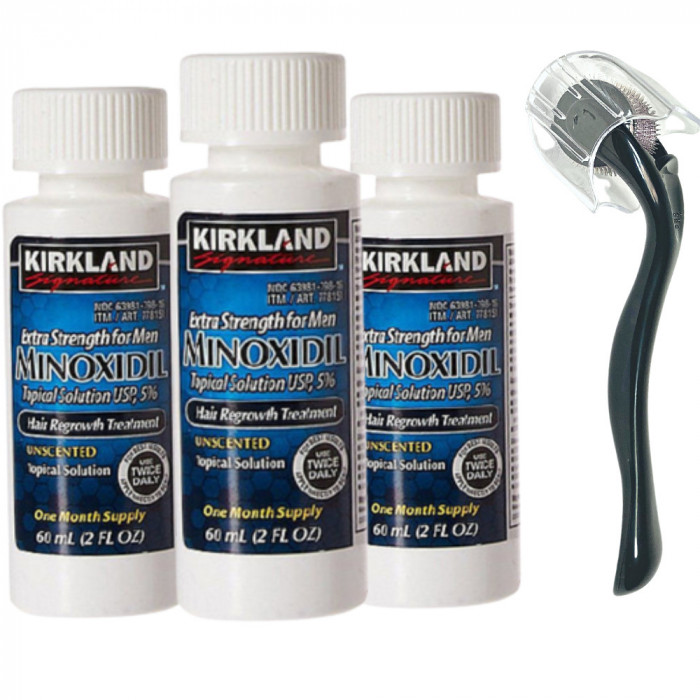 Minoxidil Kirkland 5%, 3 Luni Aplicare, Dermaroller Cu Capac Protector, Tratament Pentru Barba / Scalp