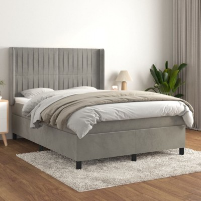 vidaXL Pat box spring cu saltea, gri deschis, 140x190 cm, catifea foto