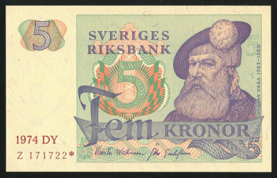 p126 SUEDIA 5 KRONOR COROANE 1974 seria Z * REPLACEMENT NECIRCULATA UNC foto