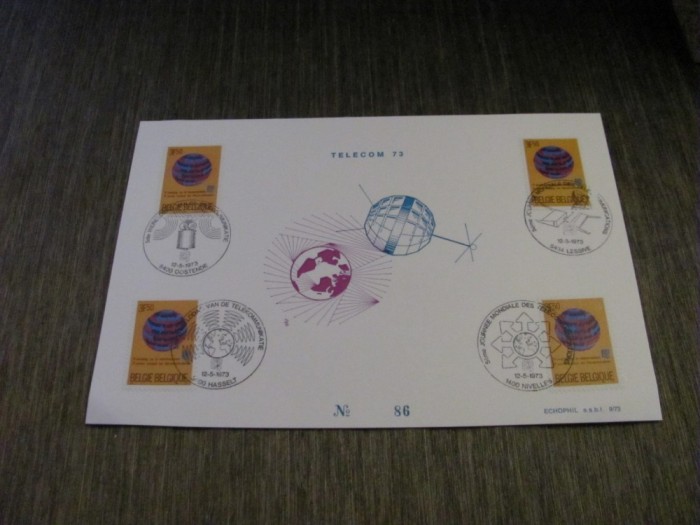 4 Timbre Obliterate cu Ștampile Speciale din Diferite Orașe, Ediție Limitată Colecție Telecomunicații Carton Filatelic Belgia 1973