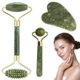 Cumpara ieftin Set de masaj facial, 2 role jade si piatra Gua Sha din jade, capat fin si abraziv - Verde, Dactylion
