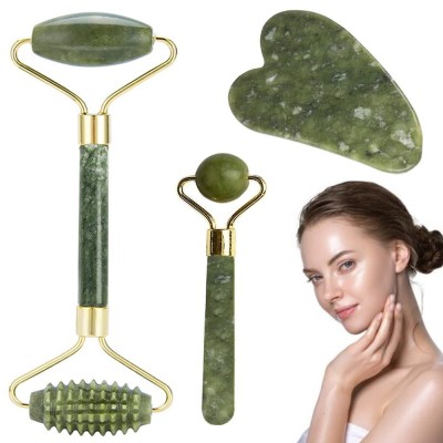 Set de masaj facial, 2 role jade si piatra Gua Sha din jade, capat fin si abraziv - Verde foto