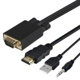 Cablu convertor VGA tata la HDMI tata cu audio si USB, 3m, negru