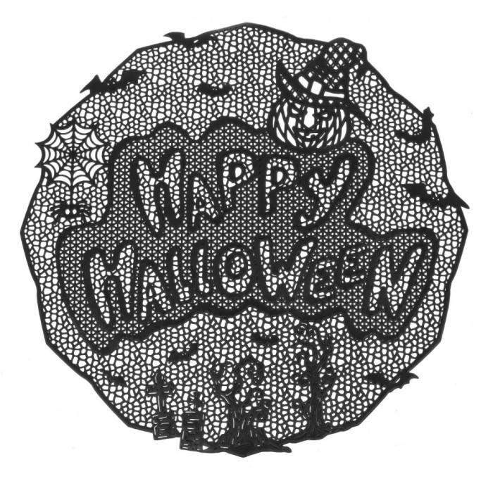 Suport Farfurie PVC, Model P&acirc;nză de Păianjen, Mesaj &quot;Happy Halloween&quot;, Negru, 38cm