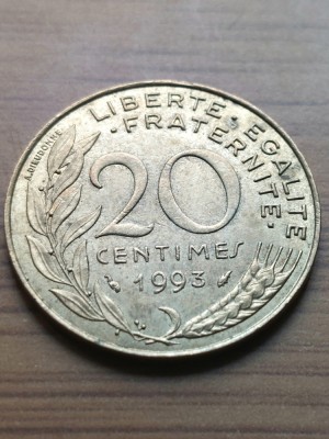 Moneda Franta 20 Centimes 1993 -Luciu de batere foto