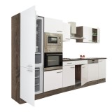 Leziter Yorki 340 - Mobilier bucatarie modular, 300 cm, stejar Yorki/alb, cu spatiu frigider jos, fara blat