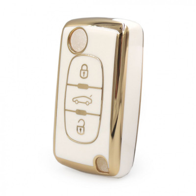 Husa Cheie Briceag Peugeot 407, CITROEN C4,C5 , 3 Butoane, Tpu, Alb cu contur auriu AutoProtect KeyCars foto