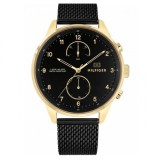 Tommy Hilfiger Chase 1791580 Ceas Bărbați Multifuncțional Quartz Cadran Negru Carcasă Aurie Brățară Mesh Neagră 44mm