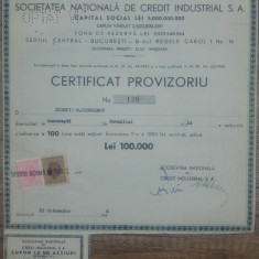 Certificat provizoriu Societatea Nationala de Credit Industrial