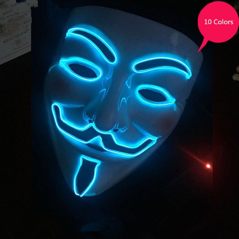 Masca led neon Anonymous V for Vendetta Guy Guido Fawkes anonimos dj  +CADOU!, Marime universala, Alb, Albastru | Okazii.ro