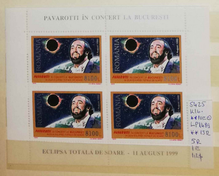 1999 Pavarotti bloc de 4 LP1489 MNH Pret 3,5+1 Lei