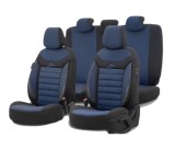 Cumpara ieftin Set huse scaune auto textil cu piele ecologica LINE Design - Neagra cu cusatura albastra, pentru scaune fata si spate