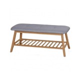 Bancheta cu suport pentru pantofi HM ST15, lemn masiv, stofa, capacitate 10 perechi, gri/natur
