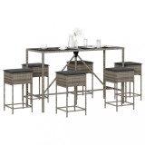 Set mobilier bar de grădină cu perne, 7 piese, gri, poliratan