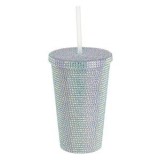 Pahar din plastic cu pereți dubli, capac și pai, 450 ml, iridescent, CMCLASS