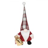 Figurina Decorativă Crăciun, Gnome, Model Căciulă Roșie cu Carouri, 48 cm, Sac Auriu, Poliester, Oem