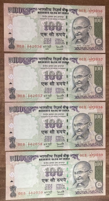 B11 22 - Bancnota foarte veche - India - 100 rupii - 2006 - patru bancnote serii consecutive