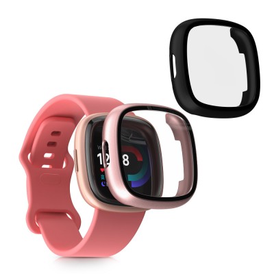 Set 2 Huse Kwmobile cu sticla securizata pentru Fitbit Versa 4/Sense 2, Negru/Roz, Plastic, KWM000024UJ005C foto