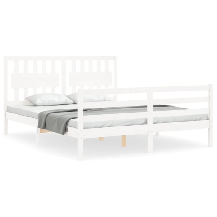 Cadru de pat cu tablie, alb, king size, lemn masiv