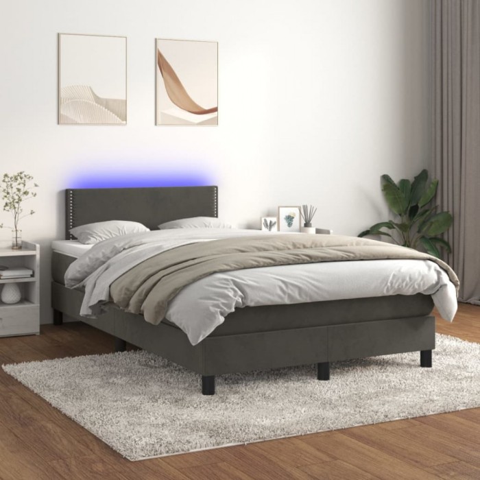 vidaXL Pat cu arcuri, saltea și LED, gri &icirc;nchis, 120x200 cm, catifea 3134334