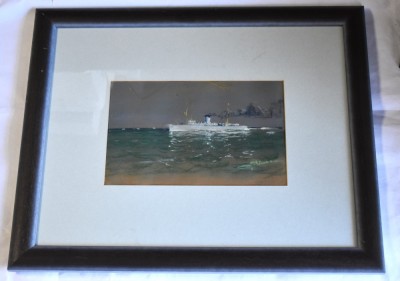 Dimitrie Stiubei (1901-1986), pictor roman - Vapor pe mare / Marina - lucrare grafica / guasa pe carton foto