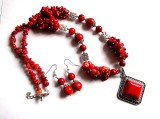 Set colier cu pandantiv si cercei cu coral si howlit rosu 37134