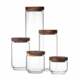 Set 5 recipiente sticla borosilicata cu capace din Lemn, Premium, Jovy