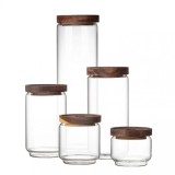 Set 5 recipiente sticla borosilicata cu capace din Lemn, Premium