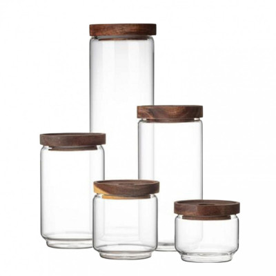 Set 5 recipiente sticla borosilicata cu capace din Lemn, Premium foto